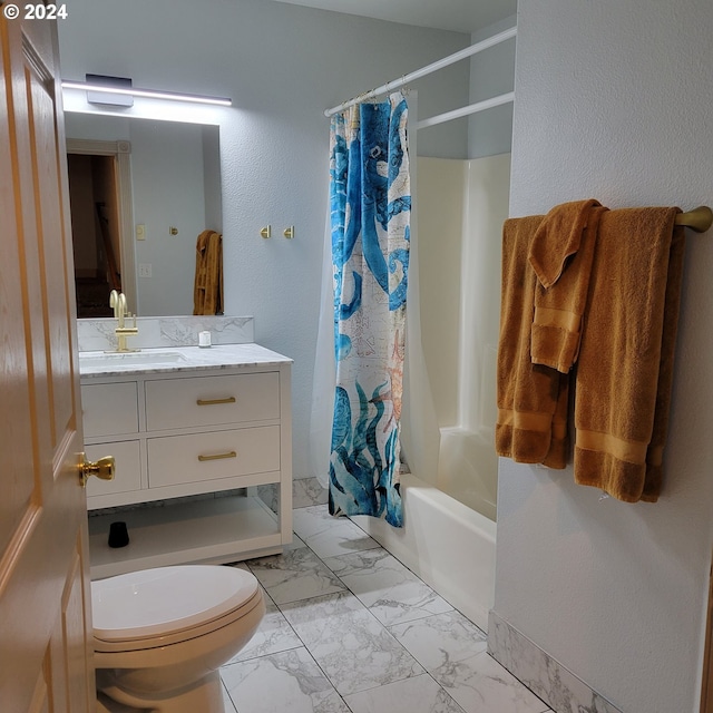 full bath featuring toilet, shower / bathtub combination with curtain, marble finish floor, and vanity