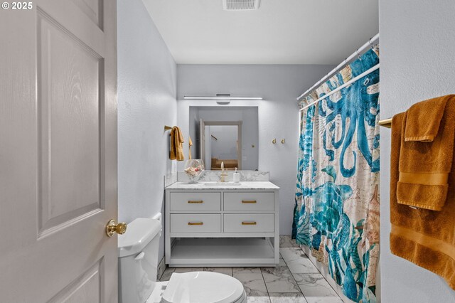 3979 NE Johns Ave, Neotsu, OR 97364 - bathroom with toilet, vanity, marble finish flooring, and a shower with curtain