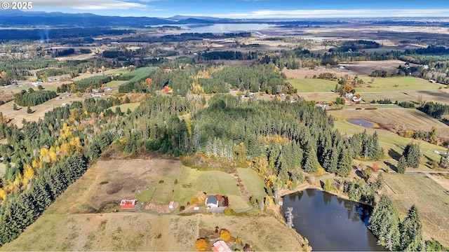 drone / aerial view featuring a water and mountain view