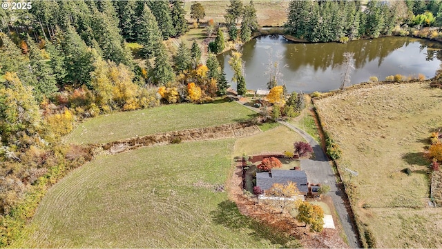 birds eye view of property with a water view