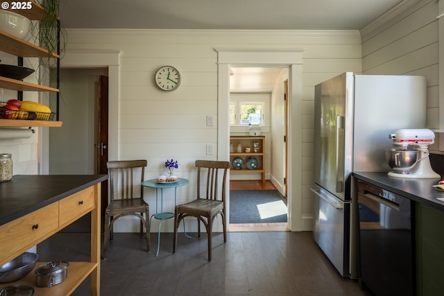 5616 N Campbell Ave, Portland, OR 97217 - kitchen with open shelves, dishwasher, dark countertops, dark wood-style flooring, and ornamental molding