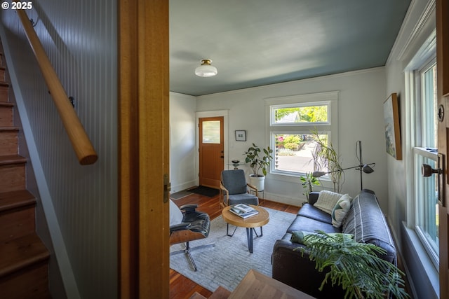 5616 N Campbell Ave, Portland, OR 97217 - living area with wood finished floors, stairs, ornamental molding, and baseboards