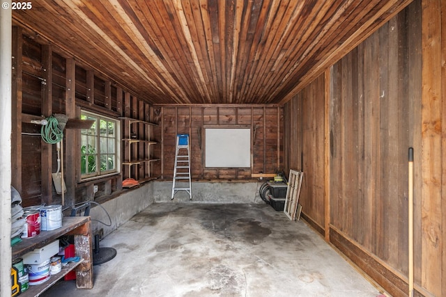 2424 NW Northrup St, Portland, OR 97210 - miscellaneous room with wooden ceiling, unfinished concrete floors, and wooden walls