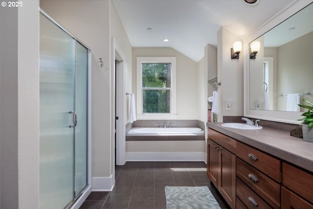 full bath with a bath, a shower stall, tile patterned flooring, and vanity