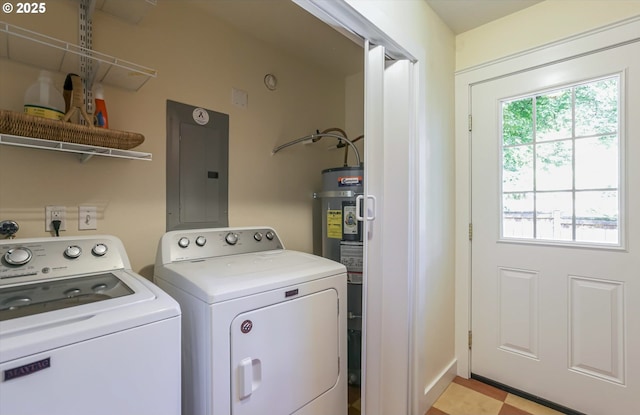 laundry room with electric panel, washing machine and clothes dryer, and water heater