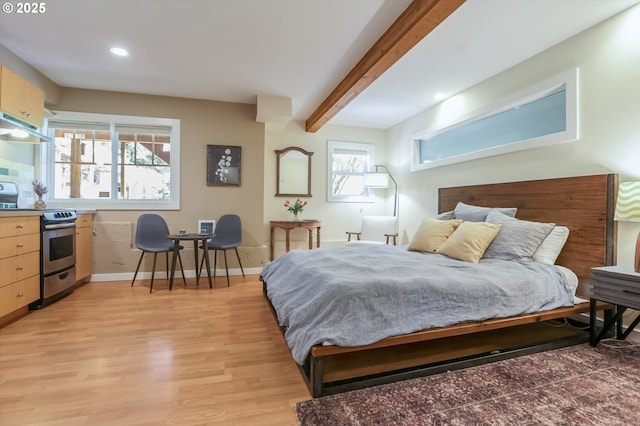 bedroom featuring baseboards, multiple windows, beamed ceiling, light wood-style floors, and recessed lighting