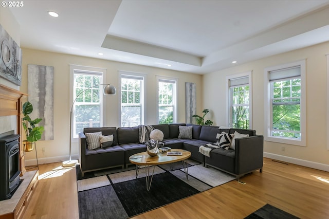 living room with healthy amount of natural light, light wood-type flooring, a wood stove, a raised ceiling, and recessed lighting