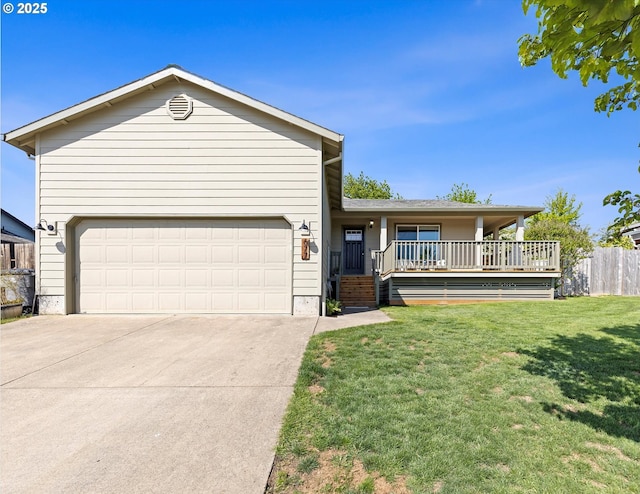 ranch-style home with covered porch, an attached garage, driveway, and a front yard