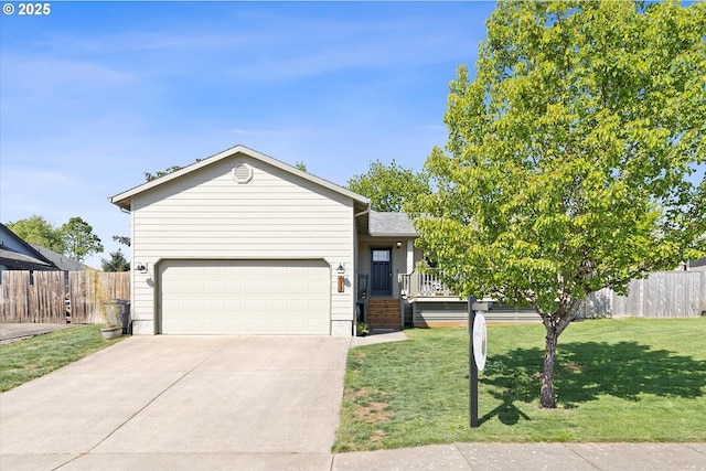 single story home with fence, concrete driveway, a front lawn, and a garage