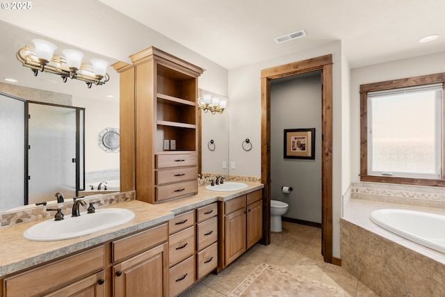 8585 NW Copeland St, Portland, OR 97229 - full bathroom with a garden tub, double vanity, a stall shower, tile patterned floors, and toilet