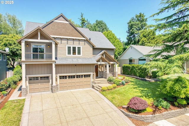 8585 NW Copeland St, Portland, OR 97229 - craftsman-style house featuring driveway, stone siding, an attached garage, and a shingled roof