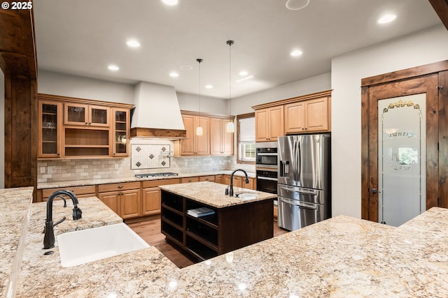 8585 NW Copeland St, Portland, OR 97229 - kitchen featuring appliances with stainless steel finishes, a sink, custom range hood, open shelves, and recessed lighting