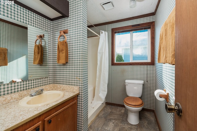 full bathroom with visible vents, a textured ceiling, toilet, and a stall shower