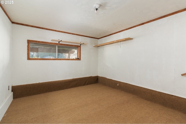 carpeted spare room featuring crown molding