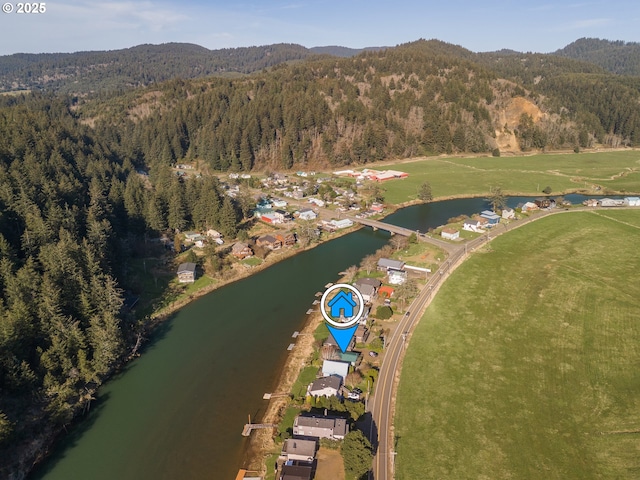 aerial view featuring a water and mountain view and a wooded view