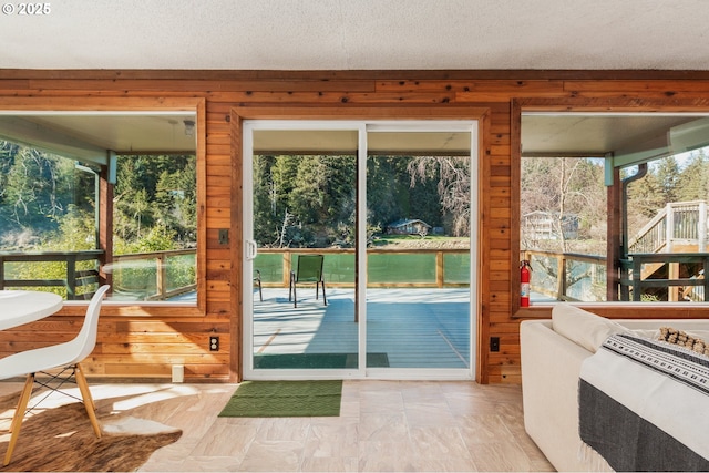 entryway with a wealth of natural light and wooden walls