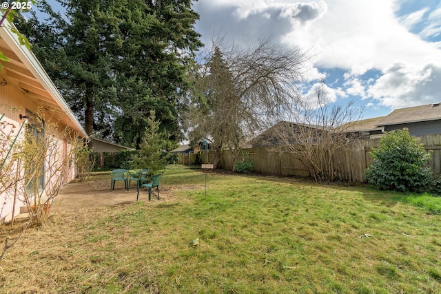 view of yard with a fenced backyard and a patio