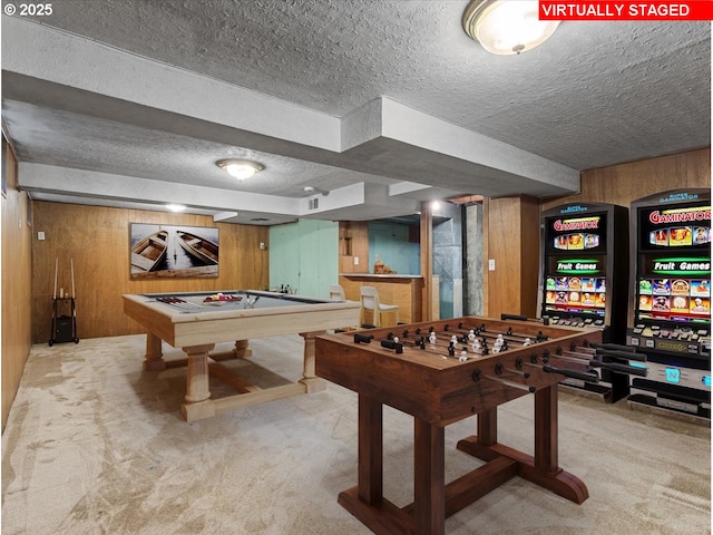 4501 NW Washington St, Vancouver, WA 98663 - game room featuring carpet floors, a textured ceiling, wood walls, and billiards table