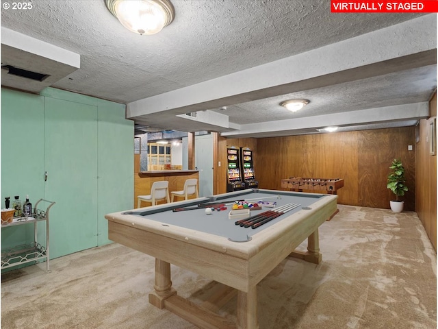 4501 NW Washington St, Vancouver, WA 98663 - recreation room featuring carpet flooring, a textured ceiling, a dry bar, and wood walls