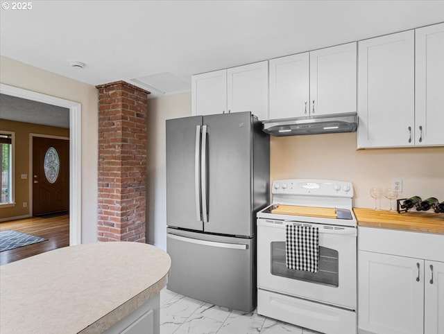 4501 NW Washington St, Vancouver, WA 98663 - kitchen featuring white electric range, freestanding refrigerator, under cabinet range hood, white cabinetry, and butcher block counters