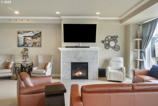 707 N Hayden Island Dr Unit 413, Portland, OR 97217 - carpeted living area featuring recessed lighting, a glass covered fireplace, crown molding, and baseboards