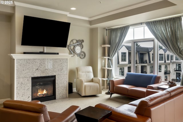 707 N Hayden Island Dr Unit 413, Portland, OR 97217 - living area featuring carpet flooring, a glass covered fireplace, recessed lighting, and ornamental molding