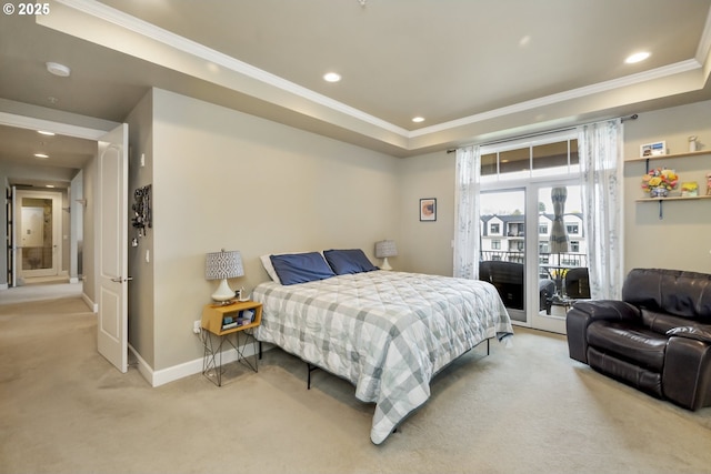 707 N Hayden Island Dr Unit 413, Portland, OR 97217 - bedroom with a tray ceiling, ornamental molding, carpet floors, baseboards, and access to outside