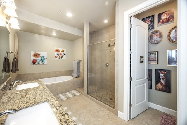 707 N Hayden Island Dr Unit 413, Portland, OR 97217 - bathroom with tile patterned floors, a garden tub, a sink, and a shower stall