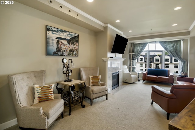 707 N Hayden Island Dr Unit 413, Portland, OR 97217 - sitting room with recessed lighting, a high end fireplace, carpet, and crown molding