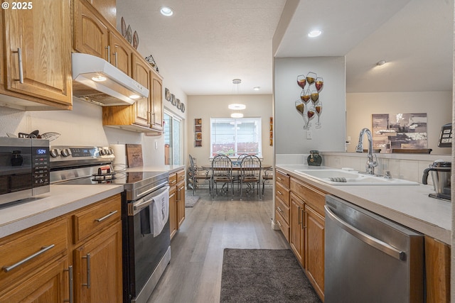 kitchen with hanging light fixtures, appliances with stainless steel finishes, sink, and dark hardwood / wood-style flooring