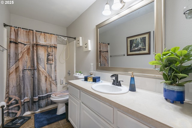 full bathroom featuring shower / bathtub combination with curtain, vanity, and toilet