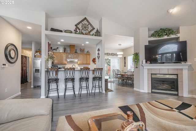 living room featuring a tiled fireplace, lofted ceiling, and dark hardwood / wood-style flooring