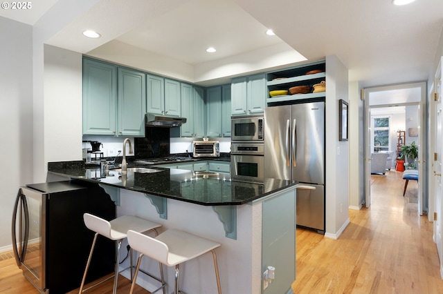 kitchen with light wood finished floors, a peninsula, stainless steel appliances, under cabinet range hood, and a sink