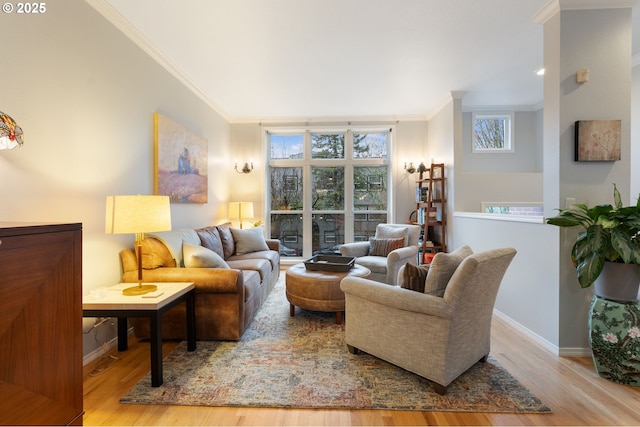 living room featuring baseboards, wood finished floors, and crown molding