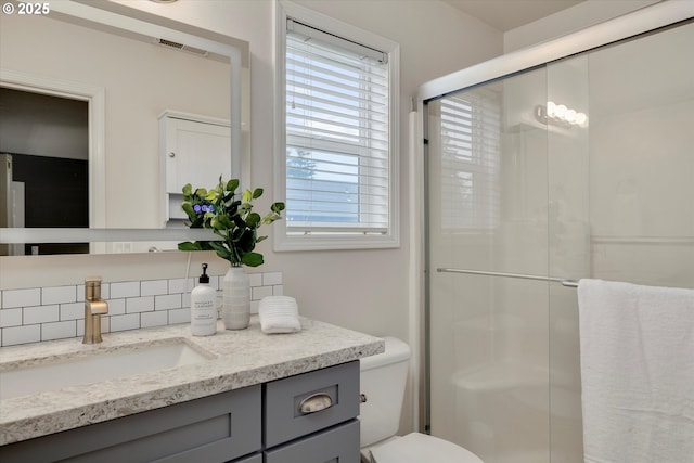 18211 NE 32nd St, Vancouver, WA 98682 - bathroom with visible vents, toilet, a shower stall, vanity, and decorative backsplash