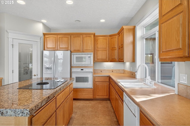 21401 NE Shore Dr, Fairview, OR 97024 - kitchen with white appliances, light tile patterned floors, a textured ceiling, light countertops, and recessed lighting