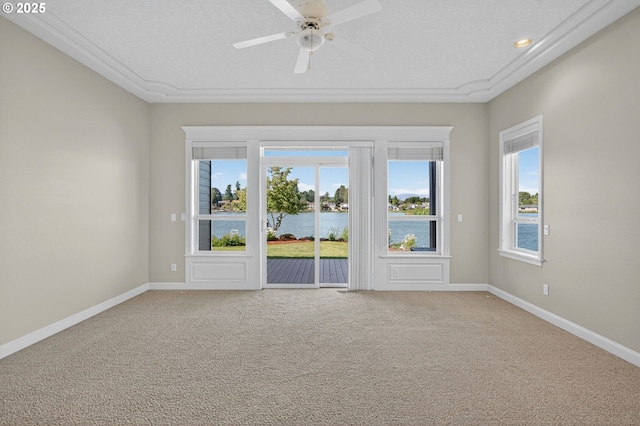 21401 NE Shore Dr, Fairview, OR 97024 - unfurnished room featuring a water view, light carpet, a ceiling fan, and a textured ceiling
