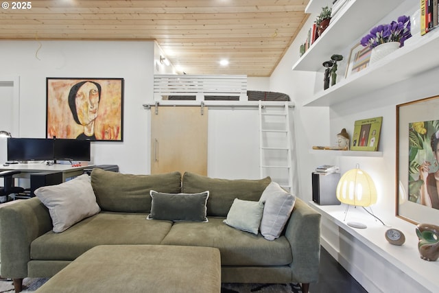 living area with wooden ceiling