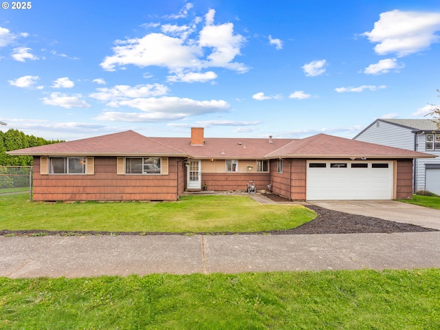 single story home with fence, a garage, a front yard, a chimney, and concrete driveway