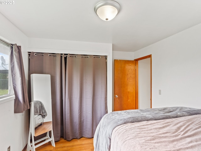 bedroom with light wood-type flooring and a closet