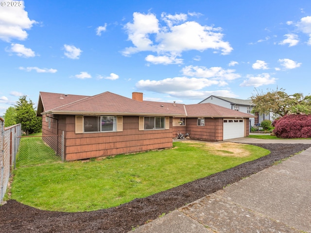 single story home featuring aphalt driveway, a chimney, a garage, fence, and a front lawn