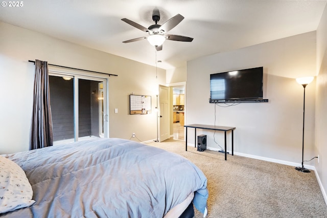 bedroom featuring a ceiling fan, access to outside, carpet, and baseboards