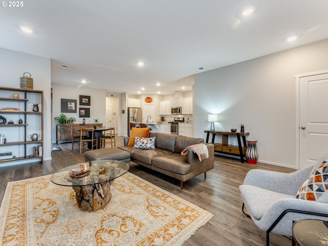 living room featuring sink and hardwood / wood-style flooring