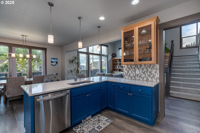 34800 Westboro Way, Saint Helens, OR 97051 - kitchen featuring stainless steel dishwasher, a sink, blue cabinetry, light countertops, and recessed lighting