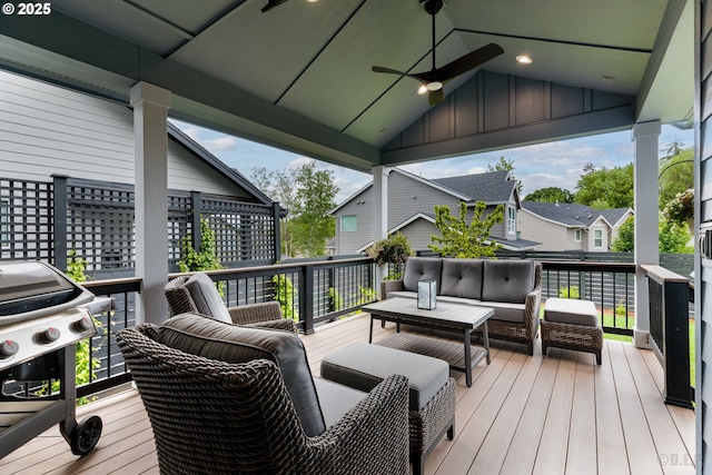 34800 Westboro Way, Saint Helens, OR 97051 - wooden deck with outdoor lounge area, a ceiling fan, and grilling area