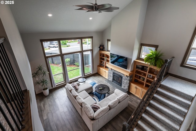 34800 Westboro Way, Saint Helens, OR 97051 - living area with a stone fireplace, vaulted ceiling, wood finished floors, recessed lighting, and ceiling fan