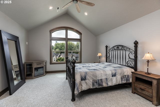 34800 Westboro Way, Saint Helens, OR 97051 - bedroom featuring light colored carpet, vaulted ceiling, ceiling fan, and baseboards