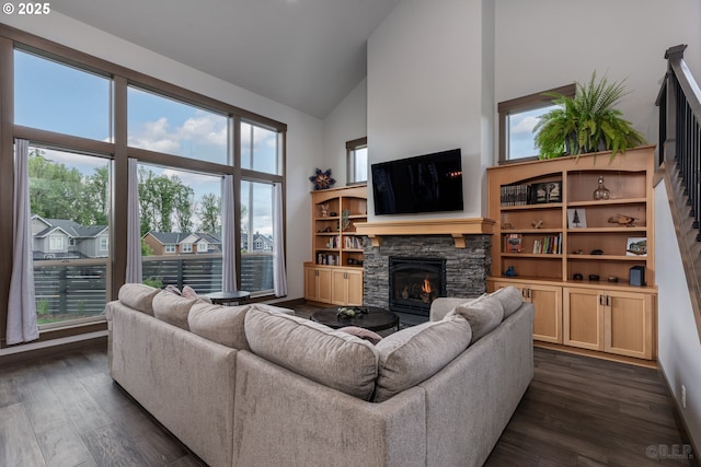34800 Westboro Way, Saint Helens, OR 97051 - living room with high vaulted ceiling, a fireplace, and dark wood-style floors