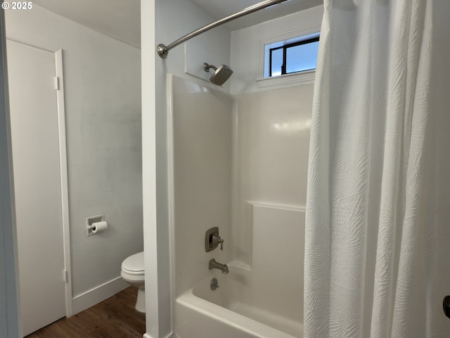 19795 SW Frances St, Beaverton, OR 97003 - bathroom featuring toilet, wood finished floors, and shower / bathtub combination with curtain