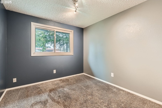 empty room featuring a textured ceiling, track lighting, and carpet